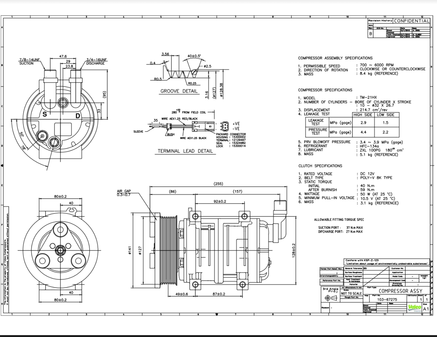 VALEO, 103-67275 COMPRESOR-TM21 DIR V ORG 8GR 127 3E 12V