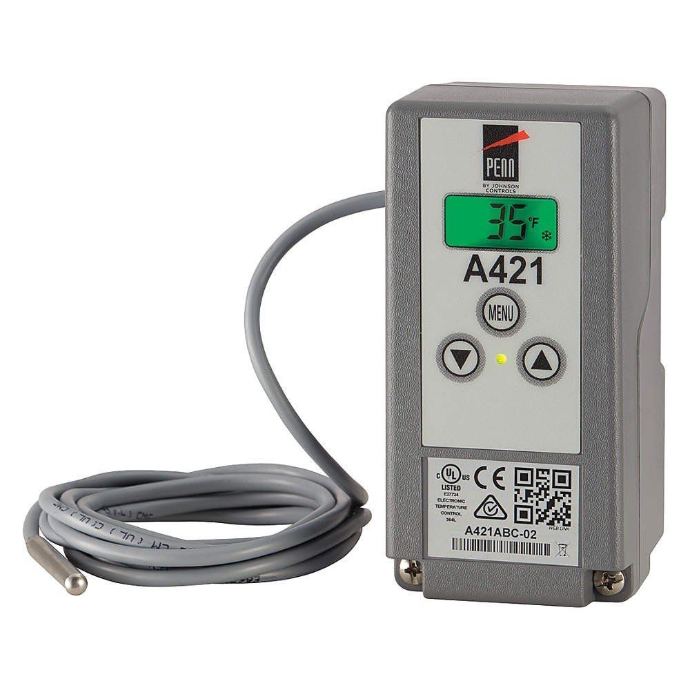 Johnson controla, A421ABC-02C = Controlador de temperatura de una etapa con sensor, 120/240 VCA, NEMA1, cable de 6' 6", -40 a 212 F, HTG/CLG = Johnson Controls