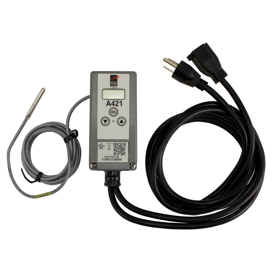 Johnson controla, A421ABG-02C = Controlador de temperatura de una etapa con sensor y cables de alimentación, 120 VCA, NEMA1, cable de 6' 7", -40 a 212 F, HTG/CLG = Johnson Controls