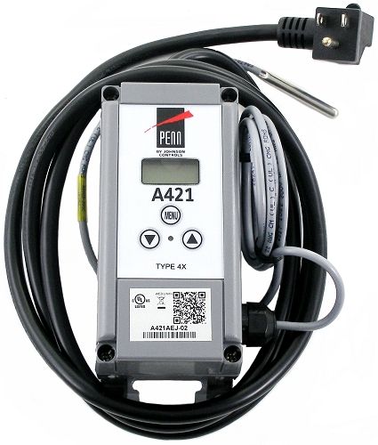 Johnson controla, A421AEJ-02C = Controlador de temperatura de una etapa con sensor y cable de alimentación superpuesto, 120 VCA, NEMA4X, cable de 6' 6", -40 a 212 F, HTG/CLG = Johnson Controls