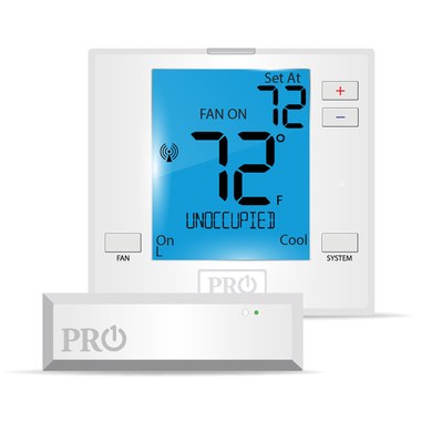 Pro1Iaq, T731W = Termostato 24 voltios 2 calefacción/1 frío Bomba de calor 1 calefacción/1 frío Convencional No programable Blanco 41-95 grados Fahrenheit Inalámbrico PTAC Pantalla de 7 pulgadas = Pro1Iaq